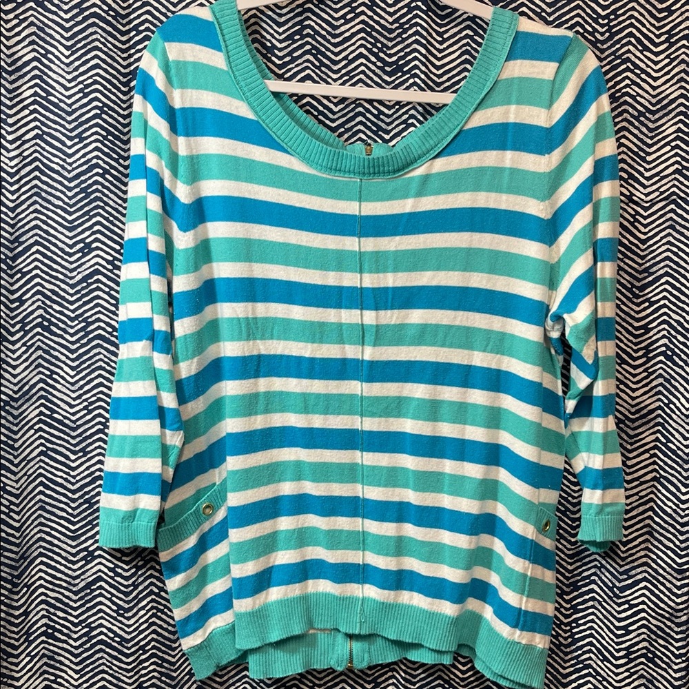 89th & Madison Teal and White Striped Sweater Zipper Back